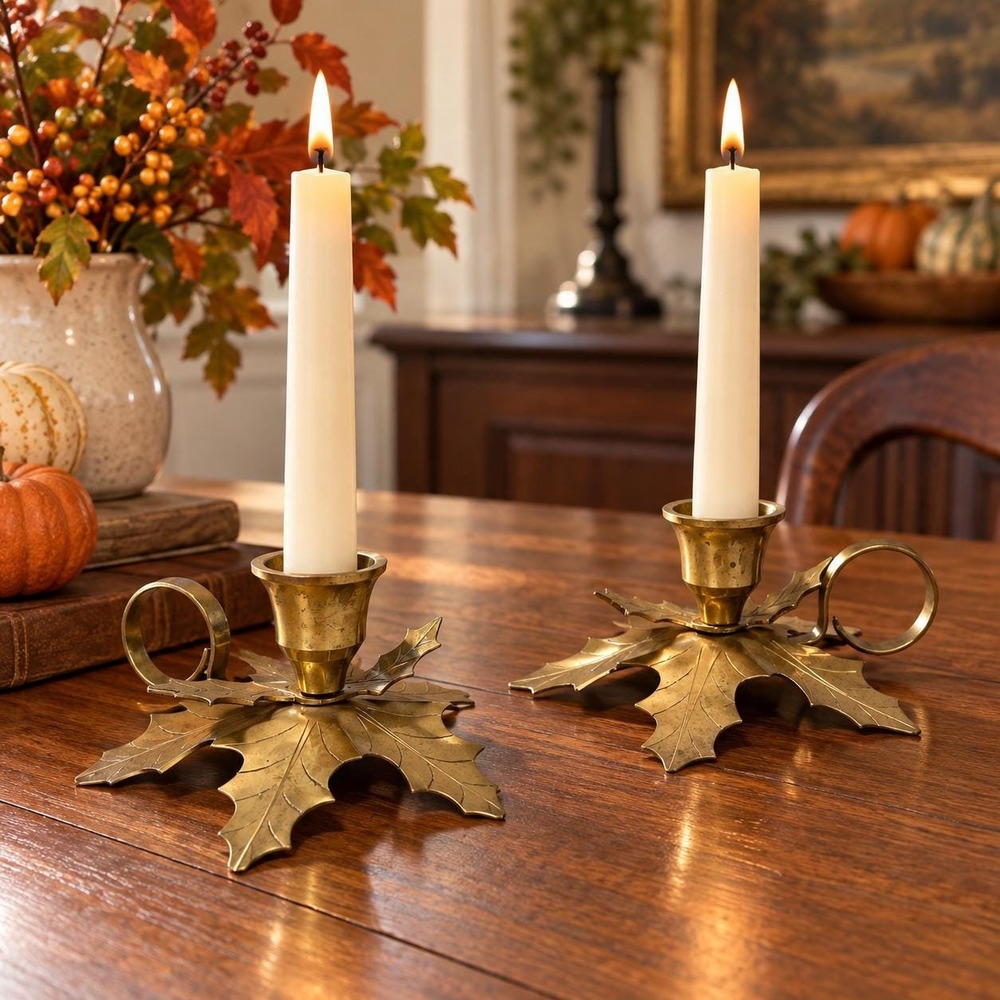 VTG Brass Maple Leaf Candle Holders Pair Fall Thanksgiving Taper Holders Autumn